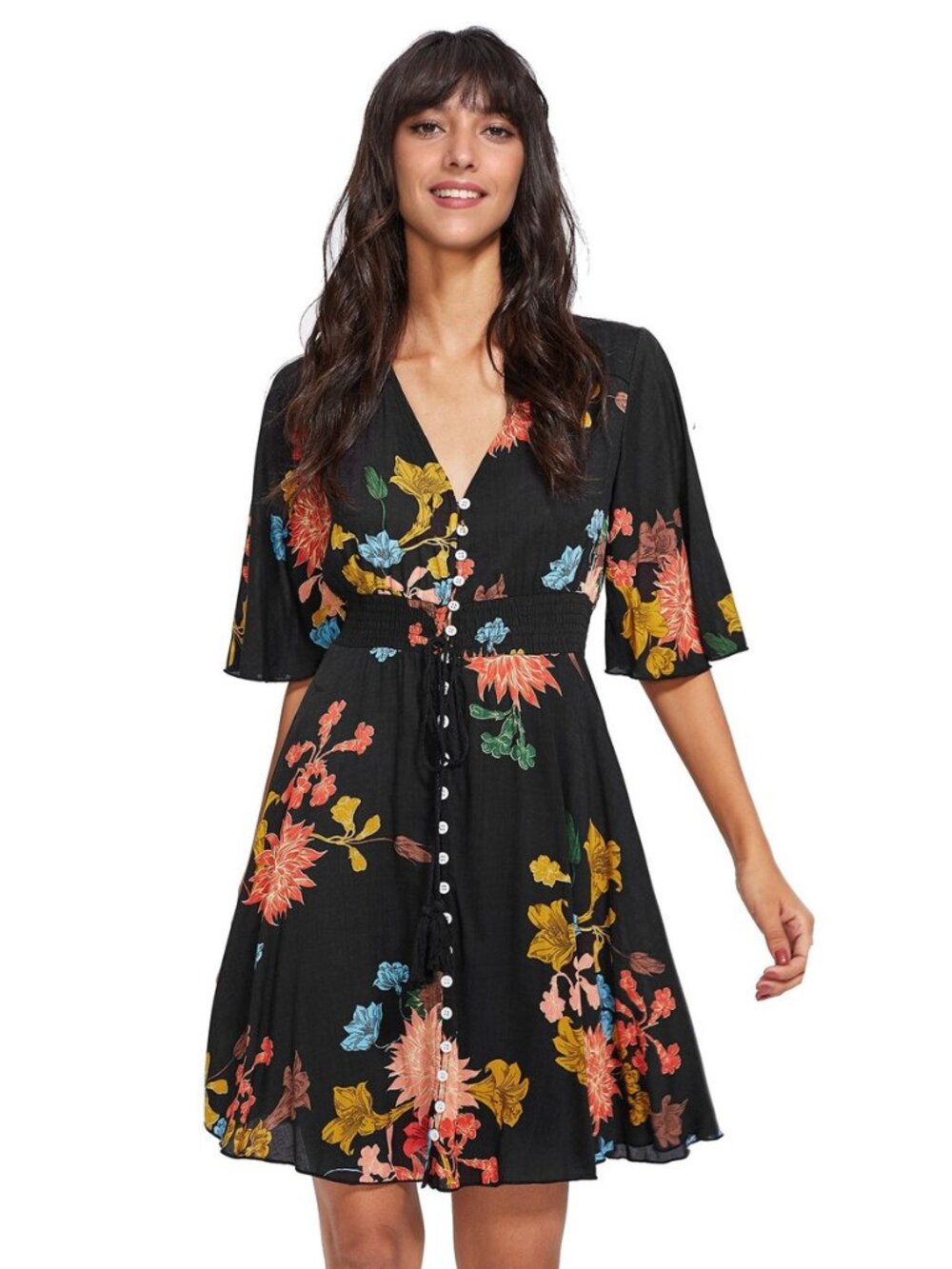 Women's Boho Button Up Split Floral Print Flowy Party Dress